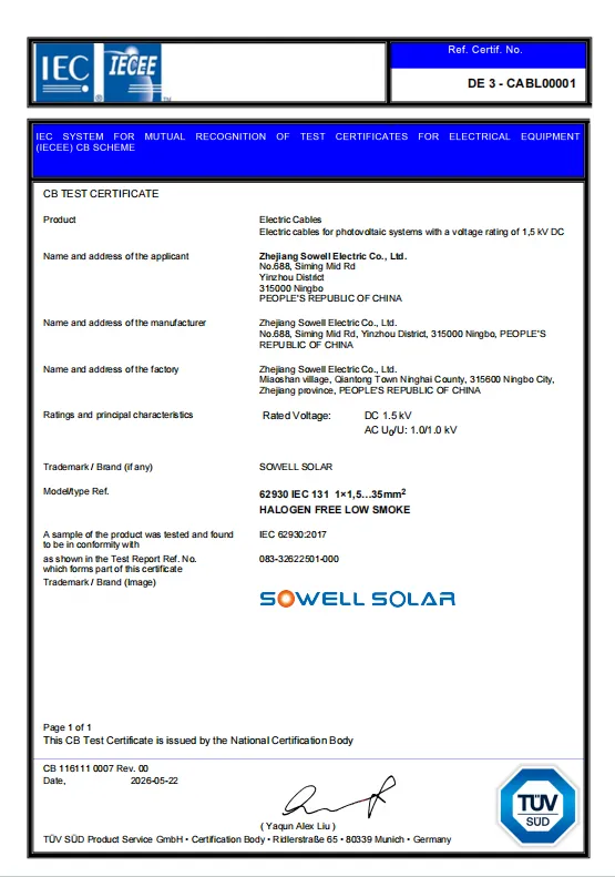 Cablurile fotovoltaice SOWELLSOLAR primesc recunoașterea certificării TÜV SÜD IECEE-CB